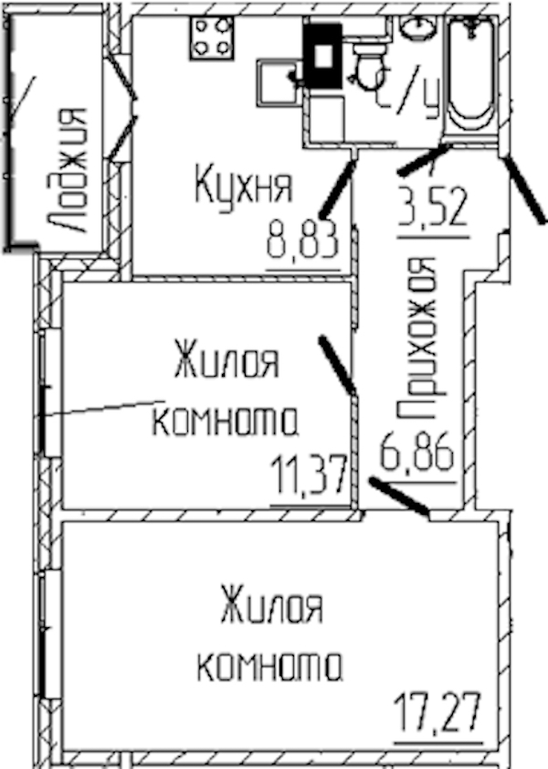 2-комнатная квартира 49.66 м², 6/6 эт., ЖК «SERTOLOVO PARK»